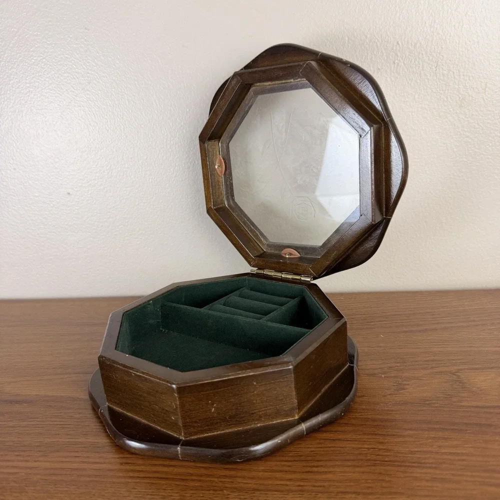 Vintage Wooden Jewelry Box Etched Glass Rose Octagon Vanity Cottage